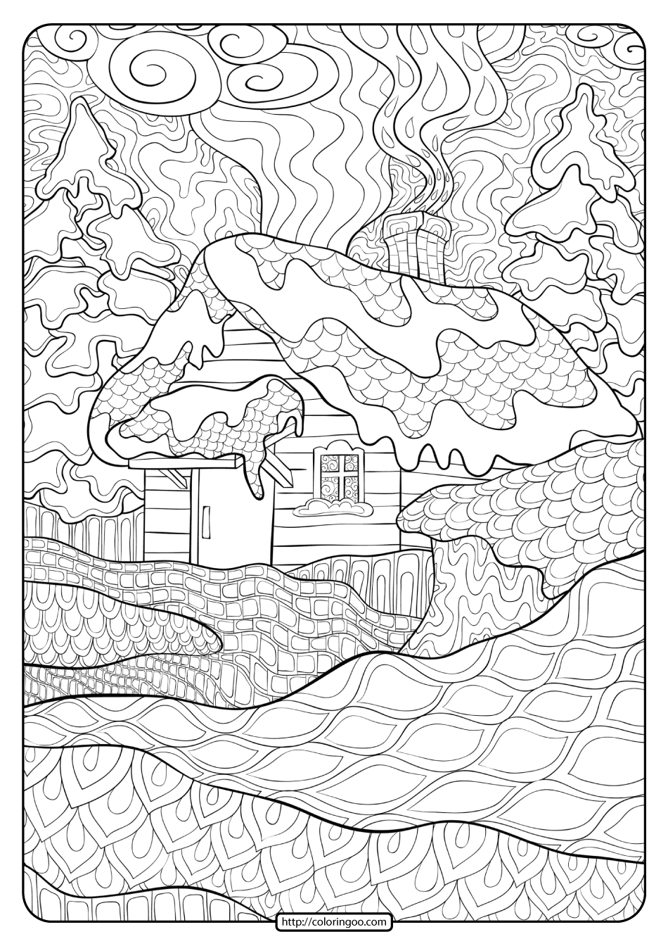 printable zentangle winter cabin coloring pages