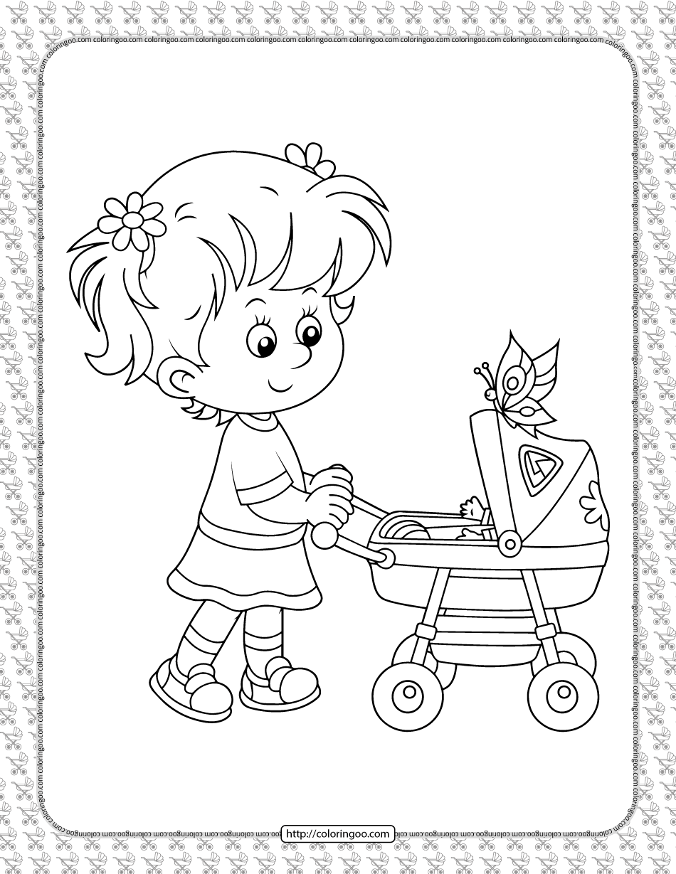 a girl driving a stroller coloring page