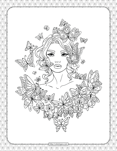 a girl in the butterflies coloring page