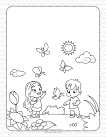 boy and girl admiring butterflies coloring page