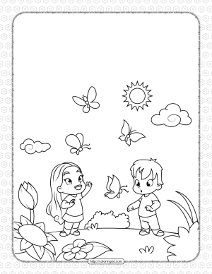 Boy and Girl Admiring Butterflies Coloring Page