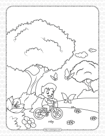 boy on a bicycle chasing butterflies coloring page