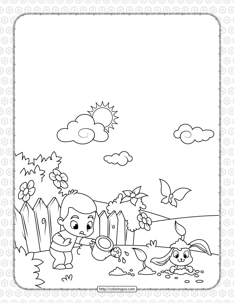 boy watering flowers and cute rabbit coloring page