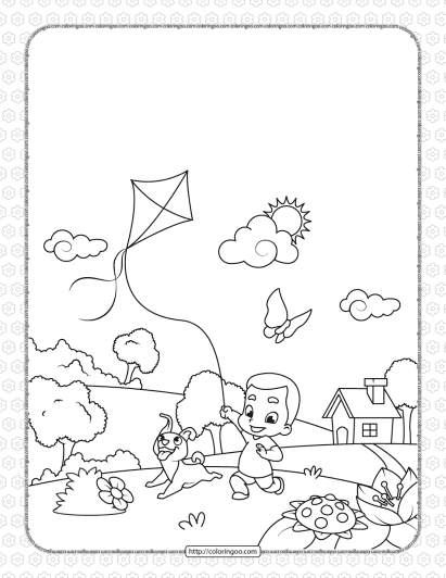 boy with a dog flying a kite coloring page