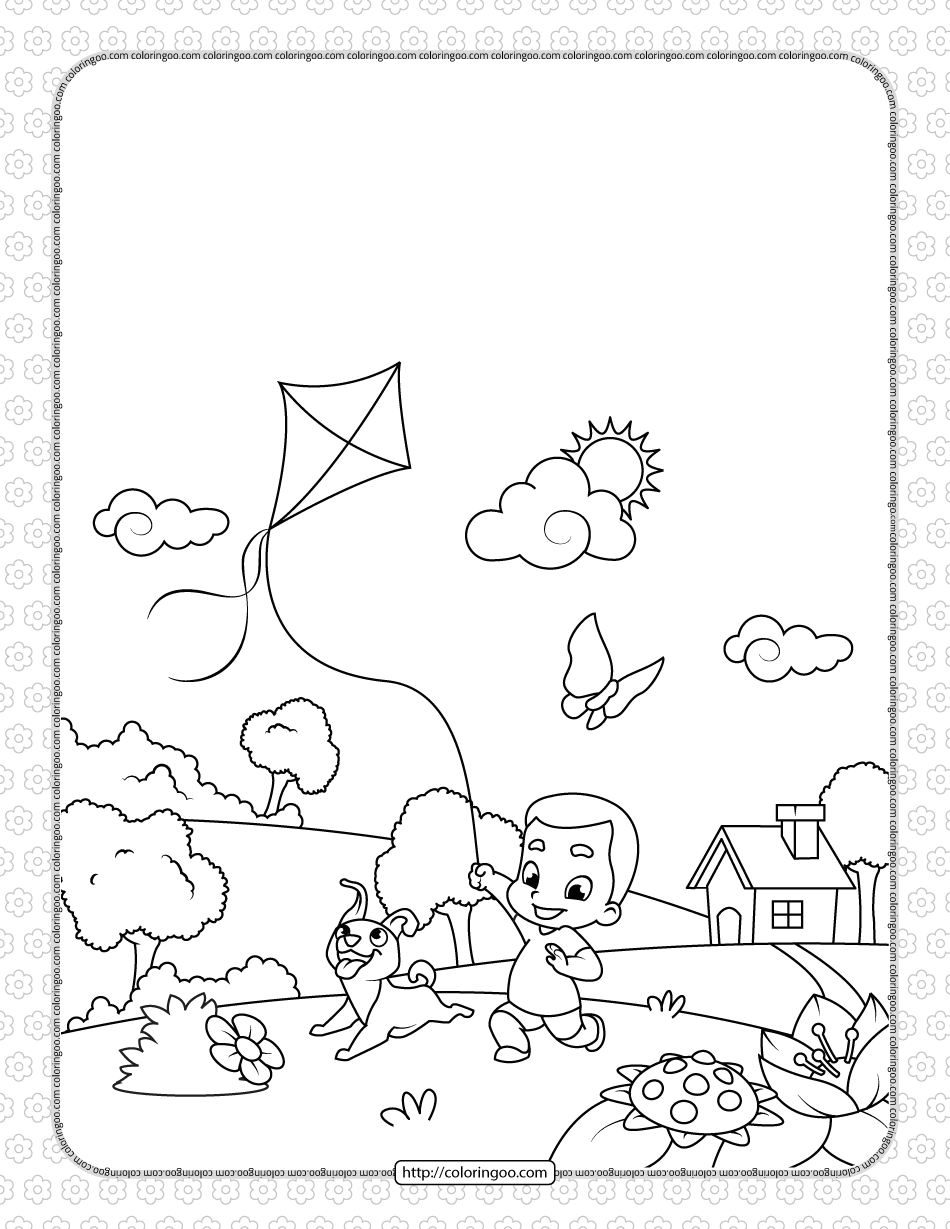 boy with a dog flying a kite coloring page