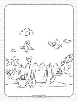 printable birds fly over the garden coloring page