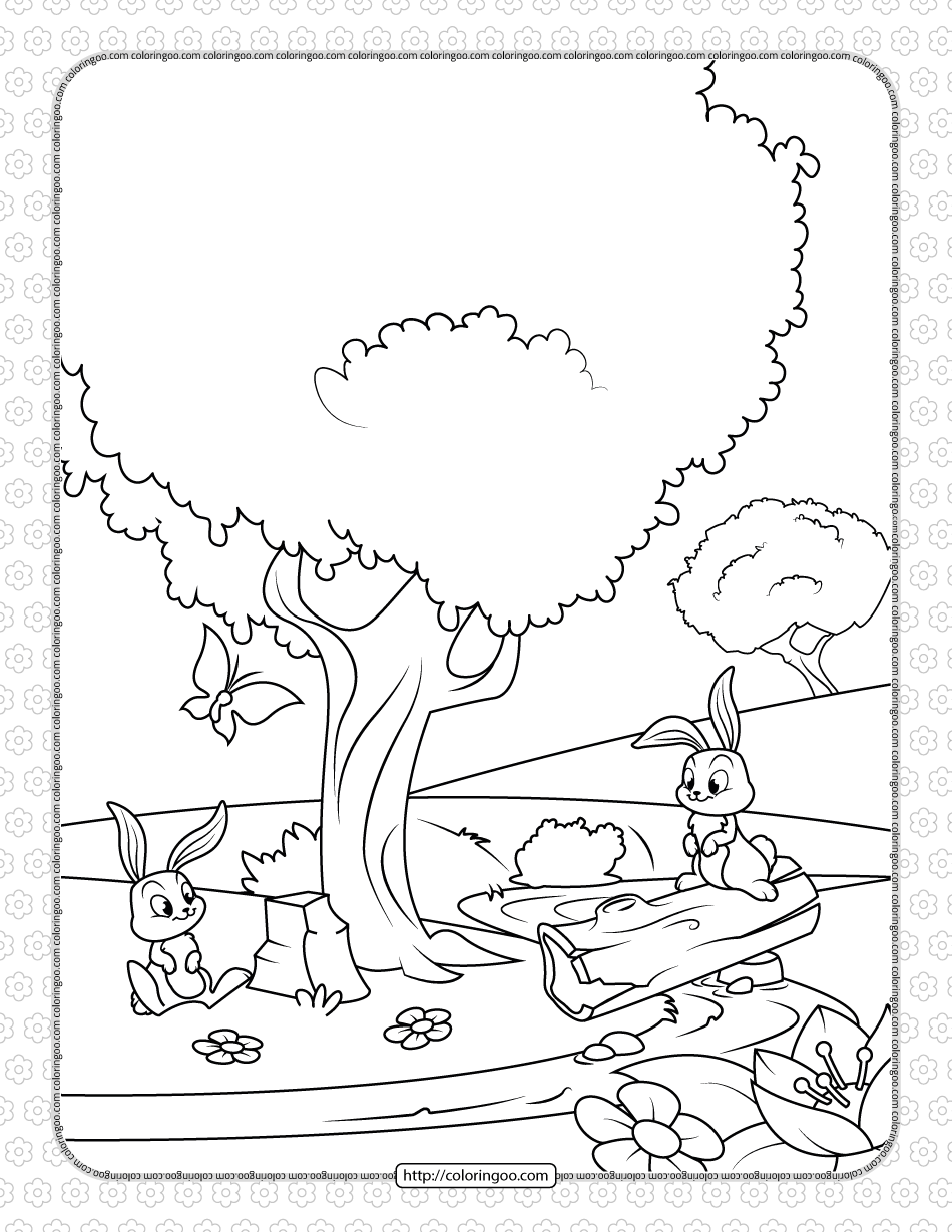 printable rabbits in the spring coloring page