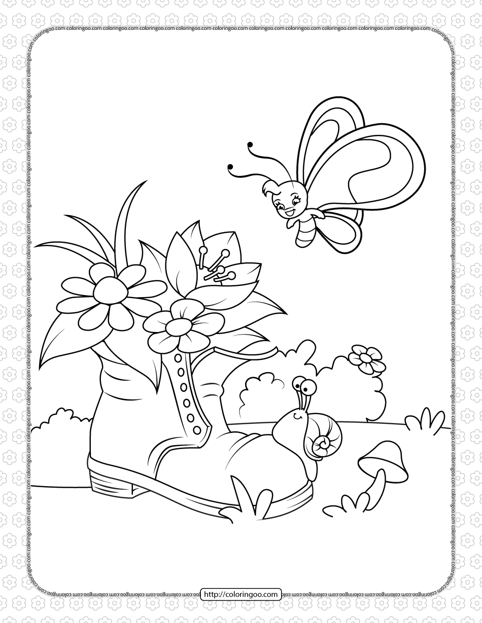 Snail, Butterfly and Old Shoe with Flowers Coloring Page