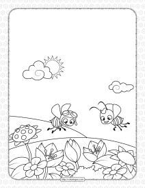 two bees fly over a flowering meadow coloring page