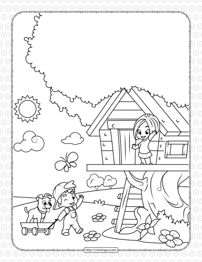 boy and girl playing in a tree house coloring page