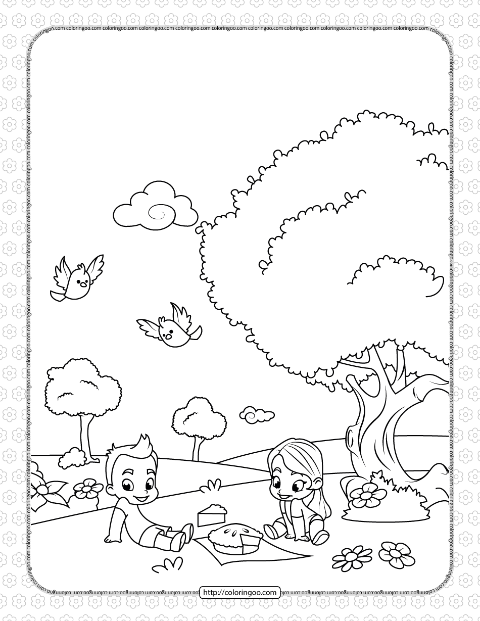 printable boy and girl on a picnic coloring page