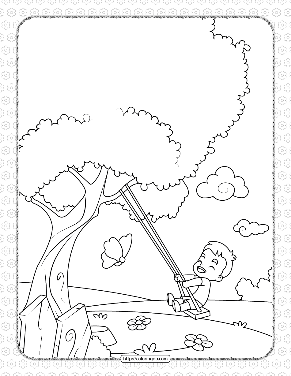printable boy on a swing coloring page