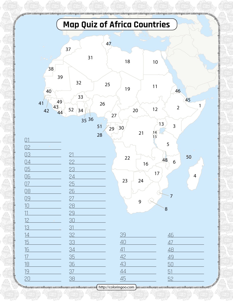 Printable Africa Countries Map Quiz & Solutions