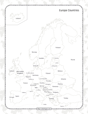 Printable Map of the Europe Countries Worksheet