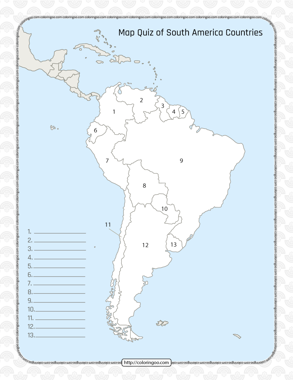 Printable South America Countries Map Quiz & Solutions