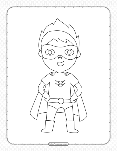 kid wearing superhero costume pdf coloring page