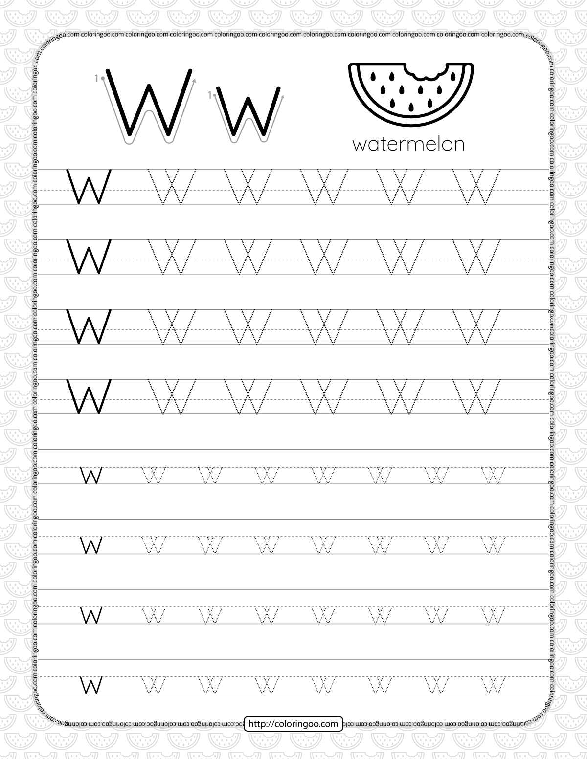 printable dotted letter w tracing pdf worksheet