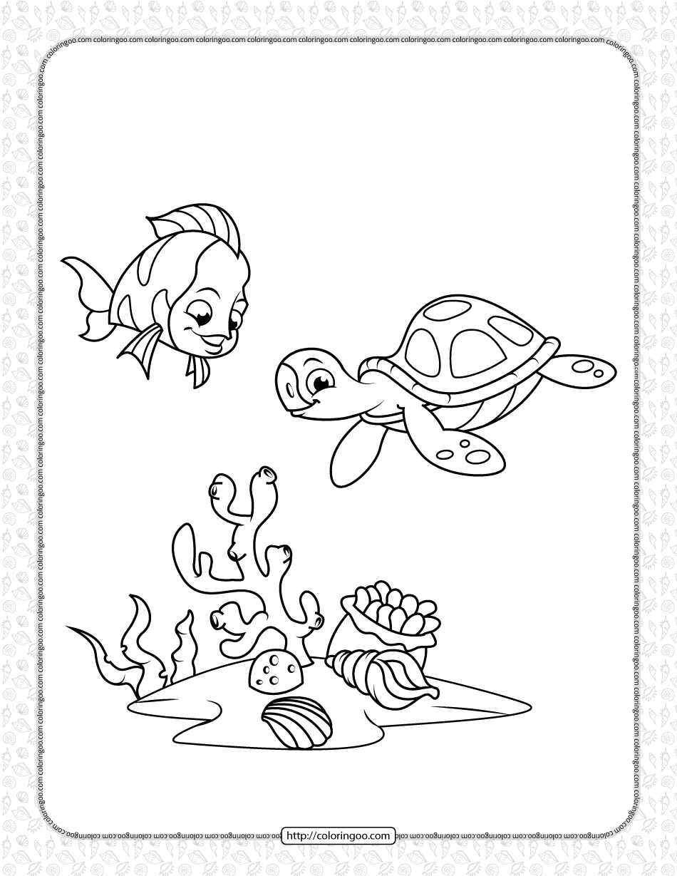 coral reef fish and sea turtle coloring page