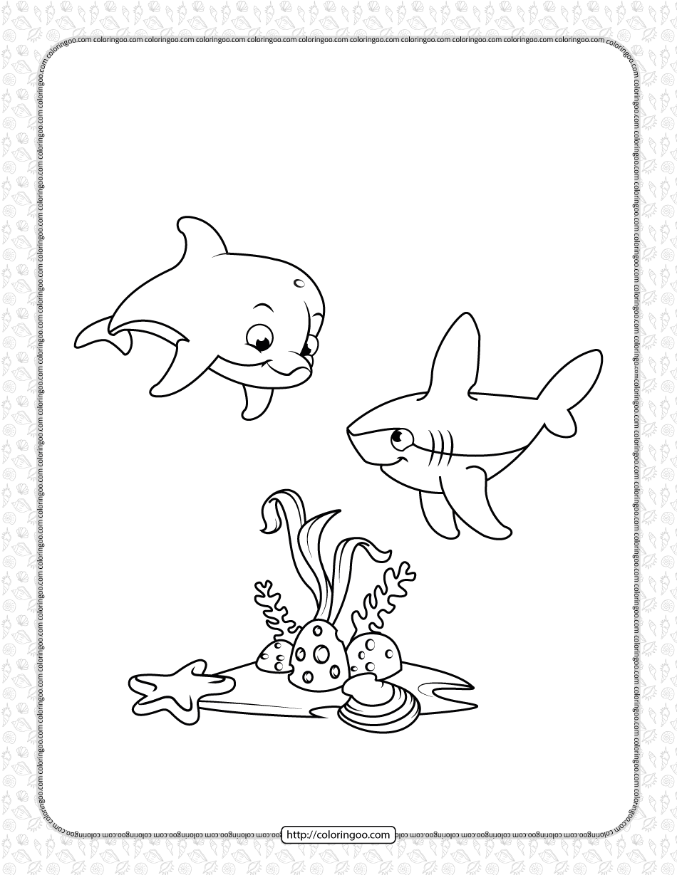cute dolphin and shark coloring page for kids