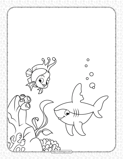 cute shark and coral reef fish coloring page