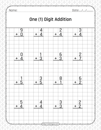 free printable one 1 digit addition pdf worksheet