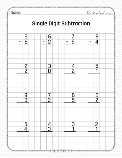 free single digit subtraction pdf worksheet