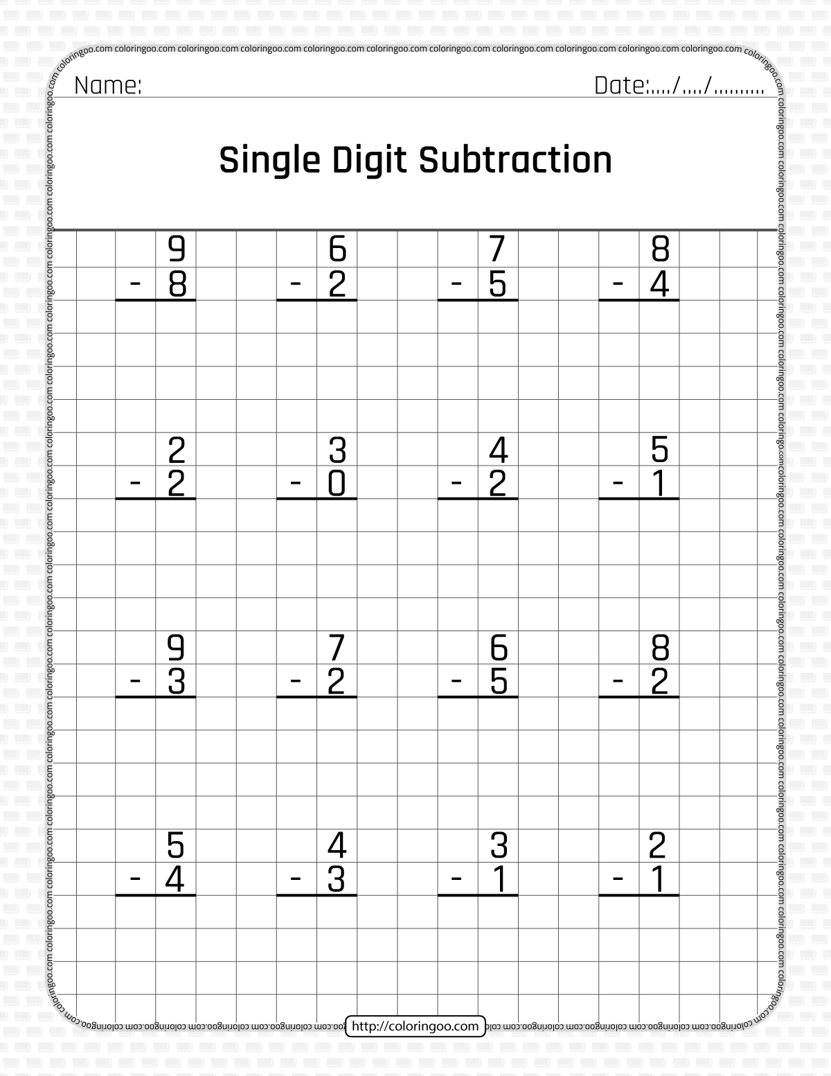 Single Digit Subtraction Color By Number Worksheet