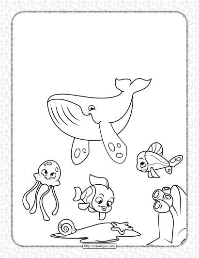 whale jellyfish and coral reef fish coloring page