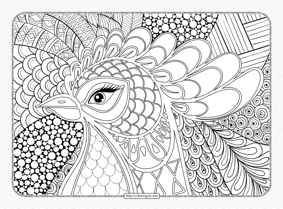 zentangle rooster head coloring page for adults