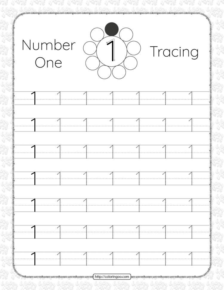 printable dotted number 1 tracing pdf worksheet