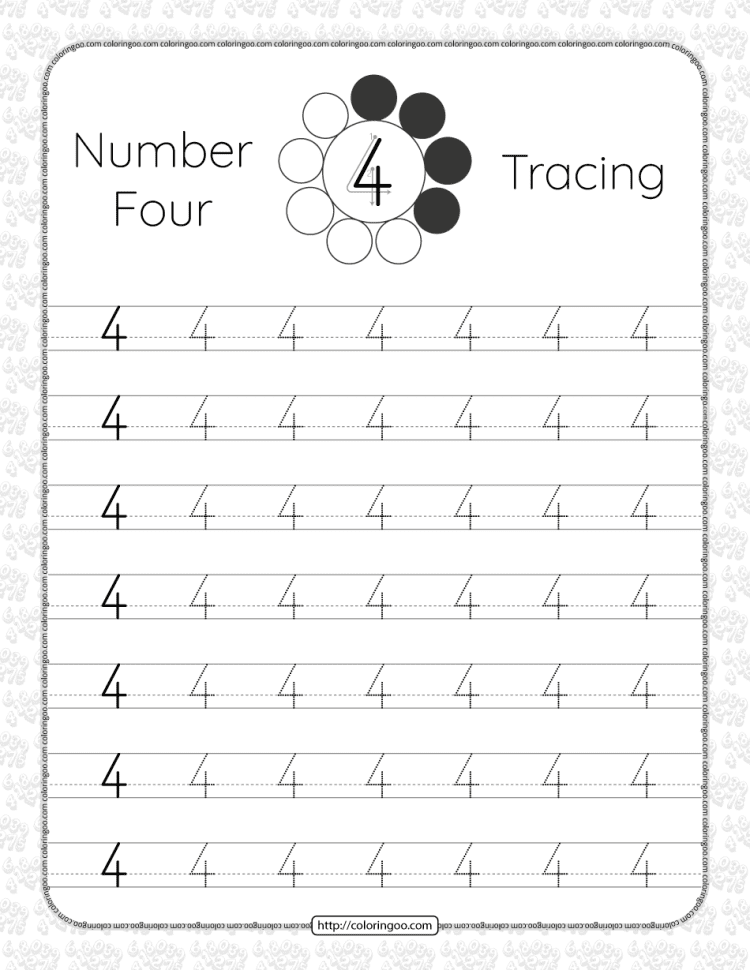 printable dotted number 4 tracing pdf worksheet