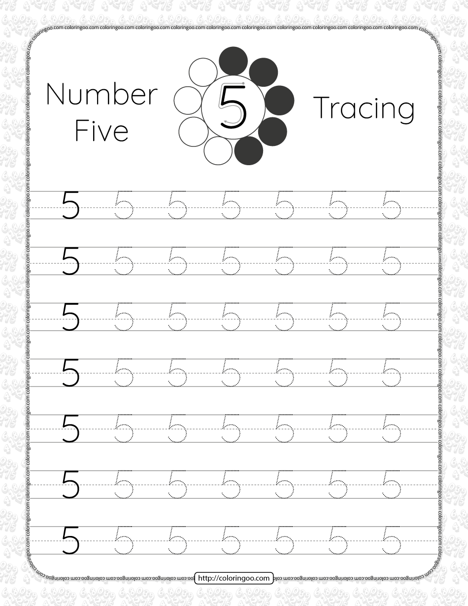 printable dotted number 5 tracing pdf worksheet