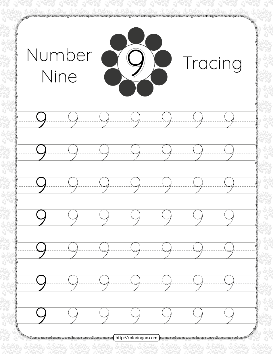printable dotted number 9 tracing pdf worksheet