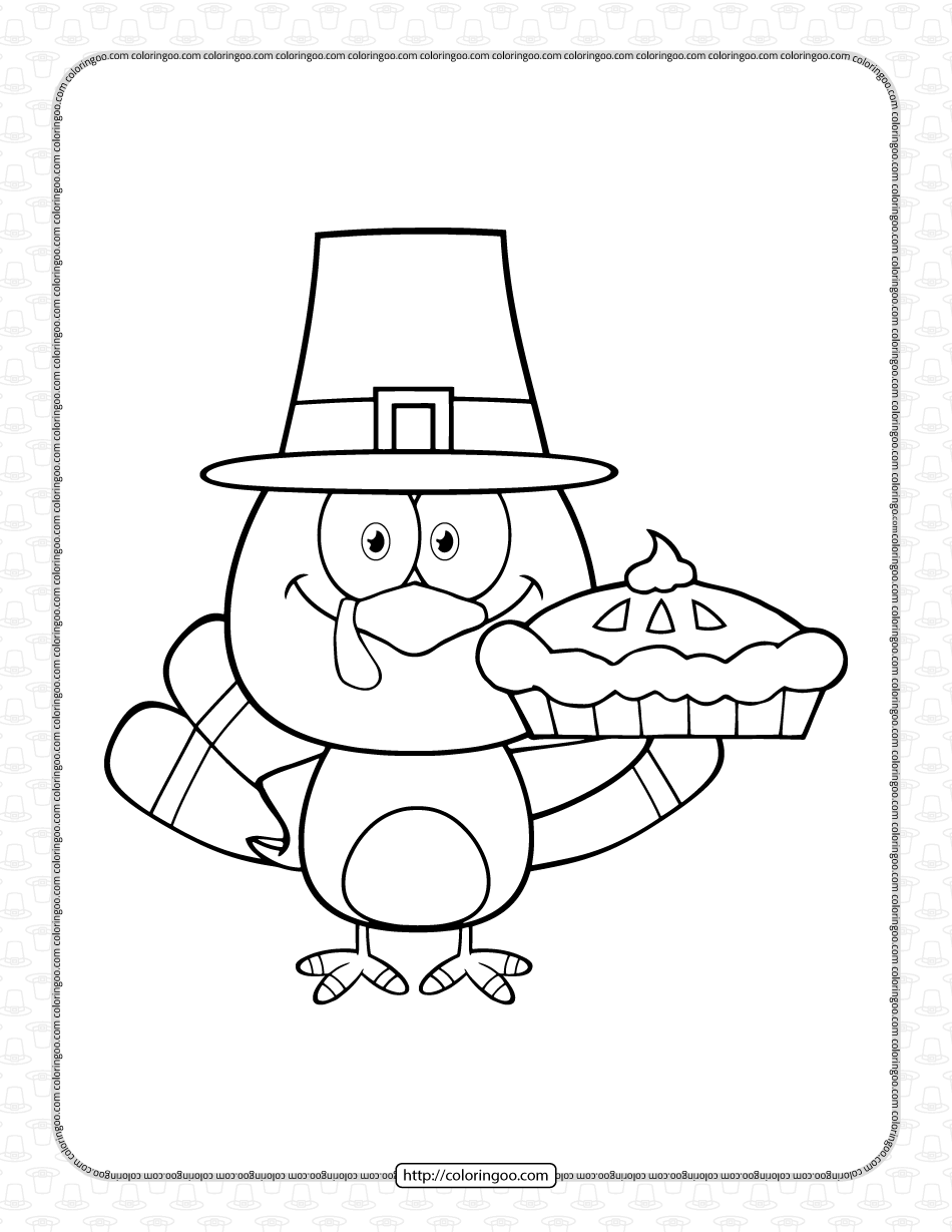 cute turkey holding a pie coloring page