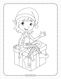 Elf Sitting on Gift Box Christmas Coloring Page