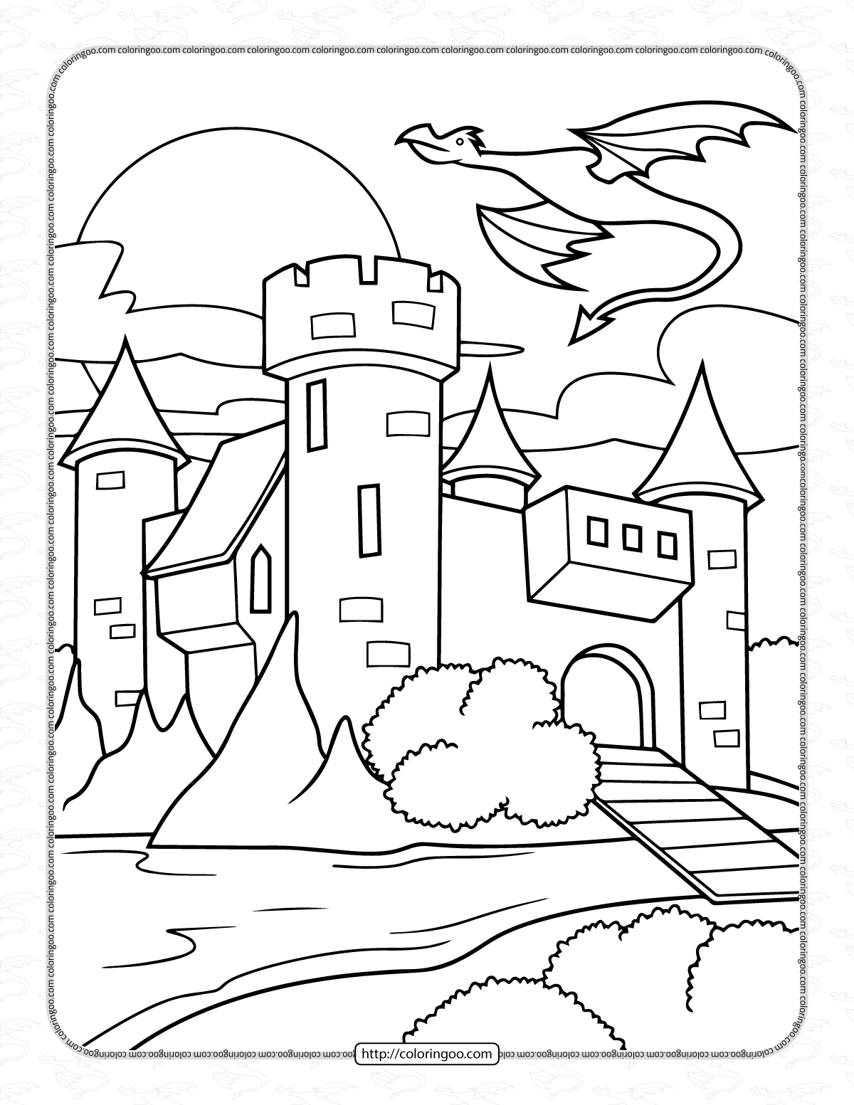 castle with dragon flying above coloring page