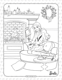 barbie reading a book by the fireplace coloring page