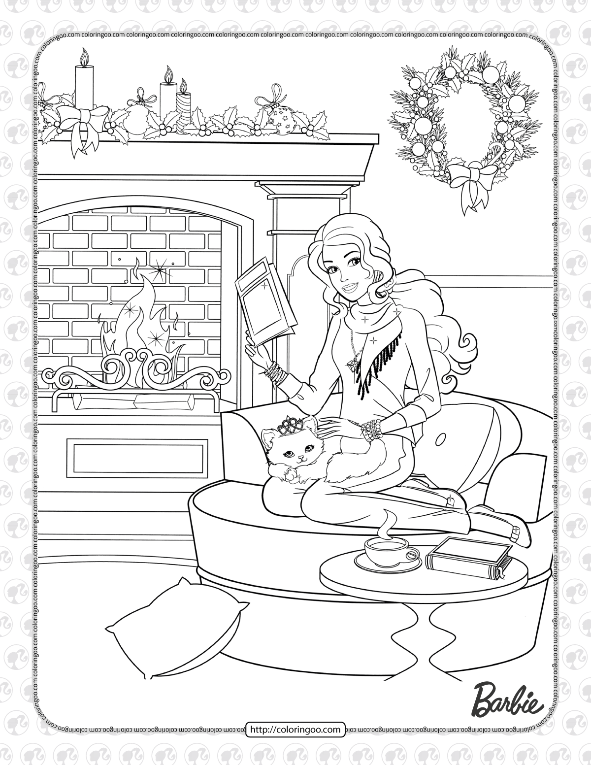 barbie reading a book by the fireplace coloring page