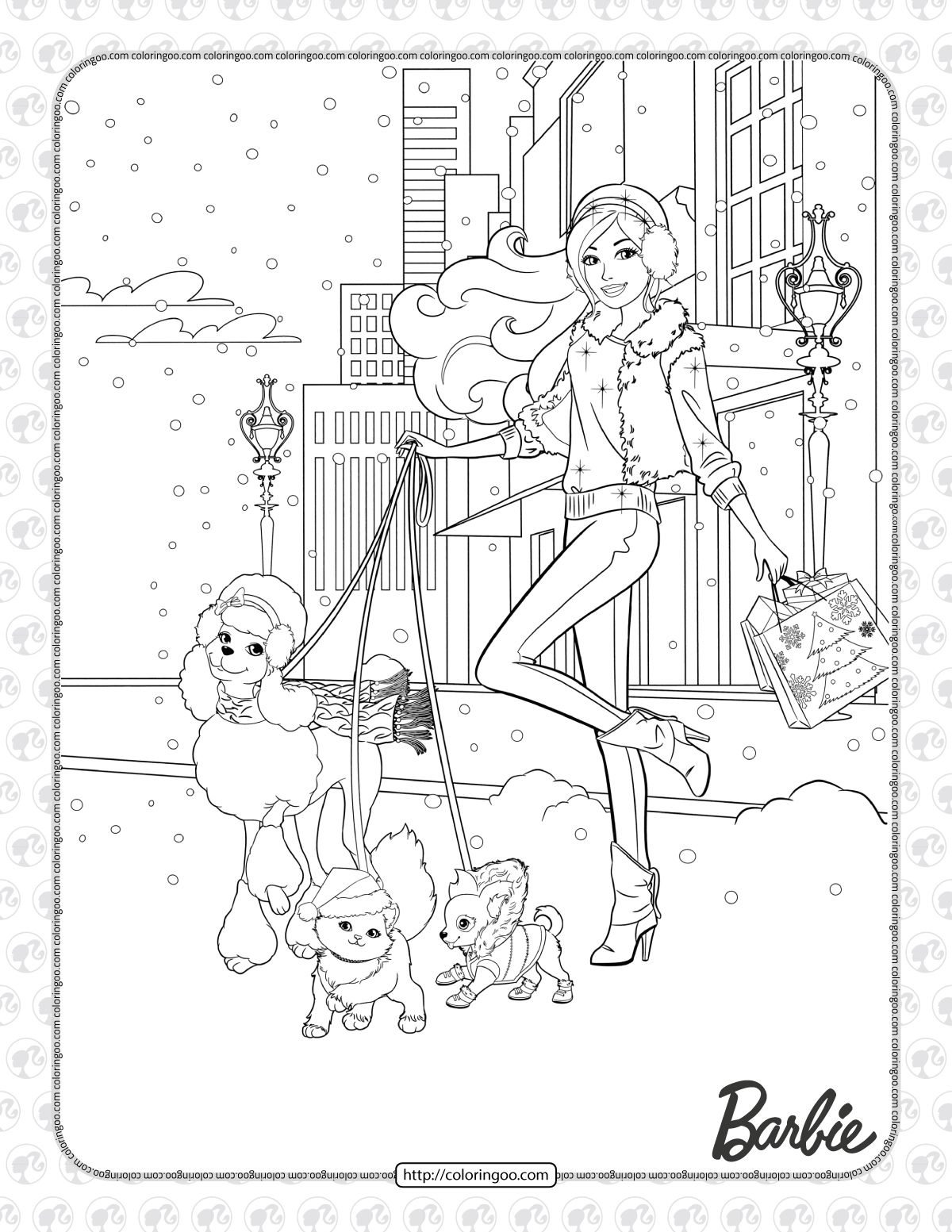 barbie shopping with her pets coloring page