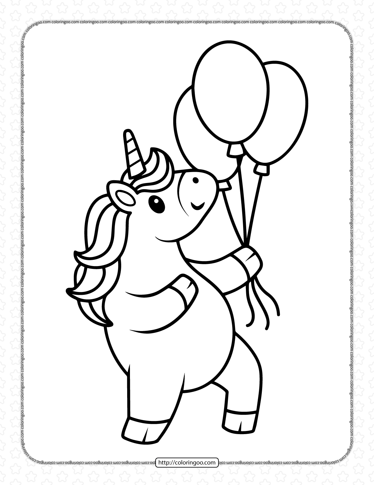cute unicorn with balloons coloring page
