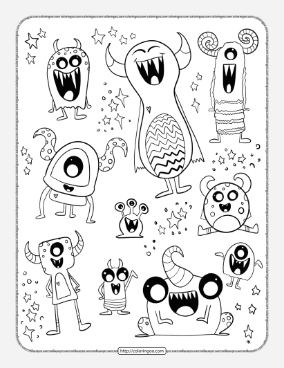 monsters doodle pdf coloring page