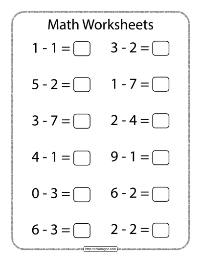 math subtraction worksheet for kindergarten