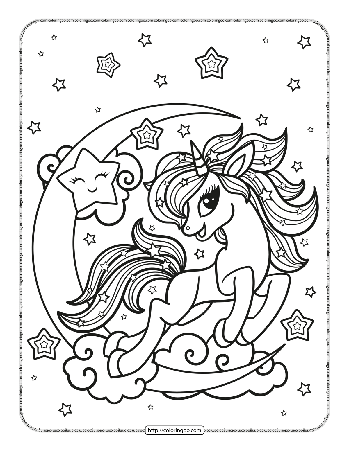 unicorn with moon and stars coloring page