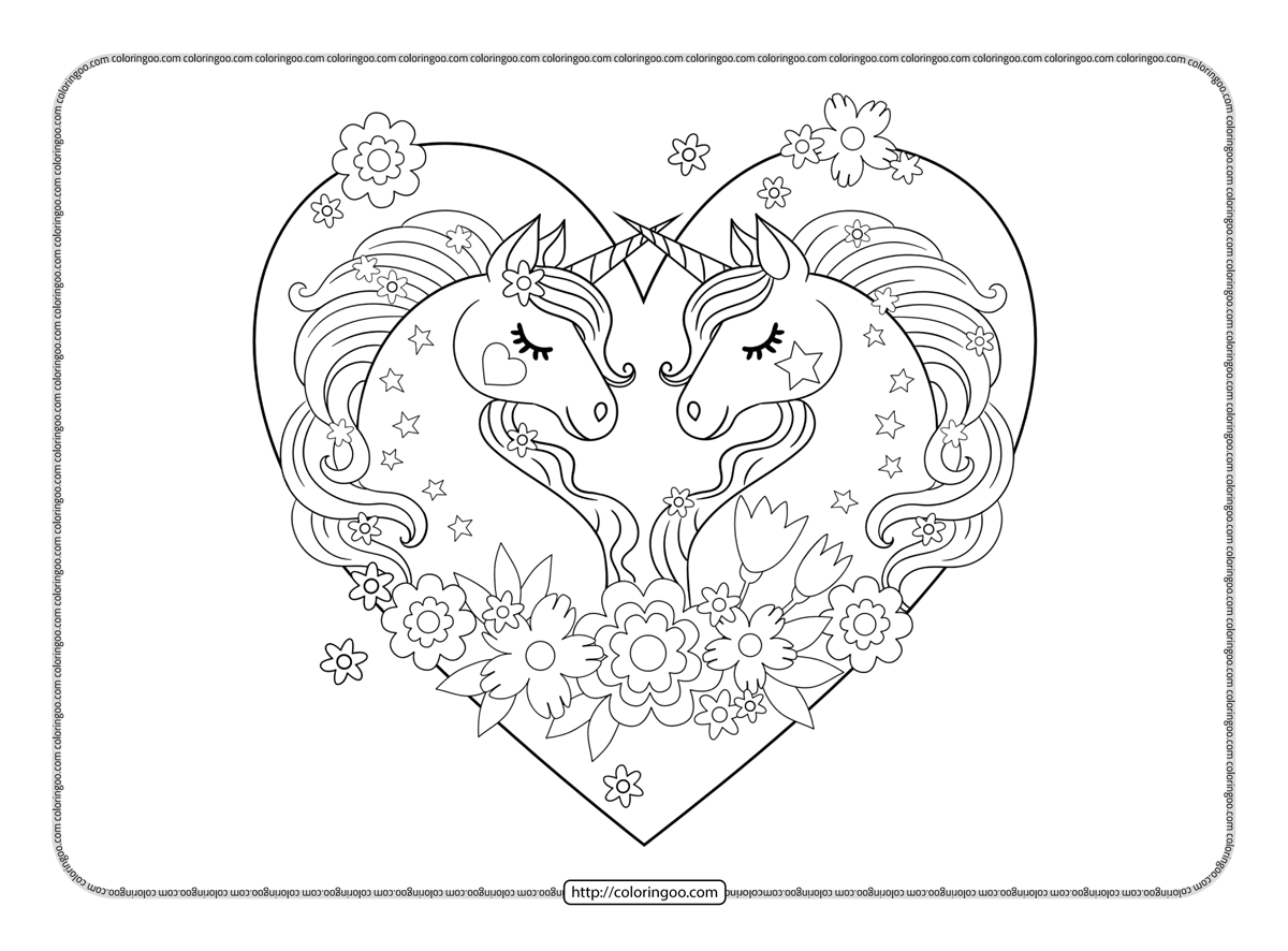 unicorns in the love hearth coloring page