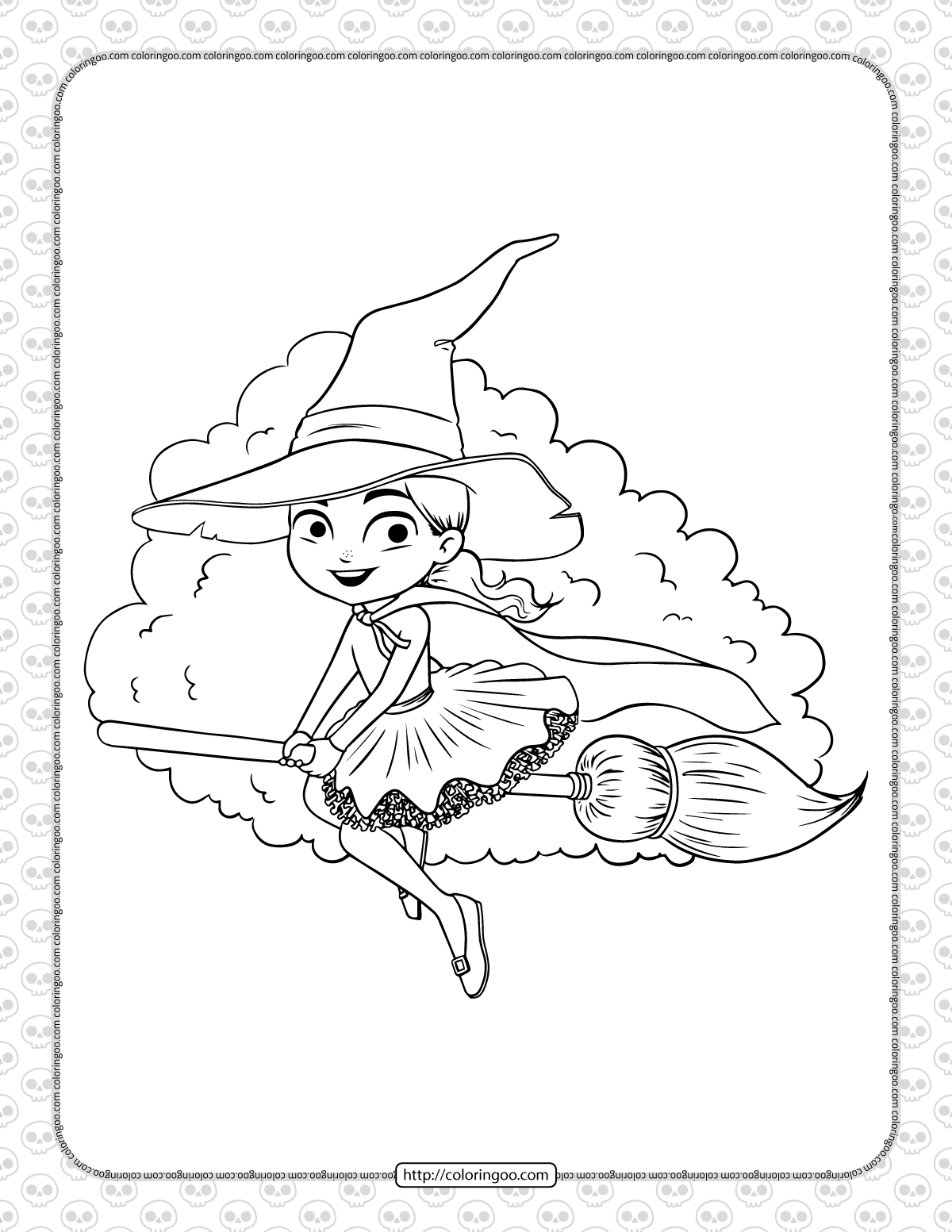 cute witch on the broomstick coloring page