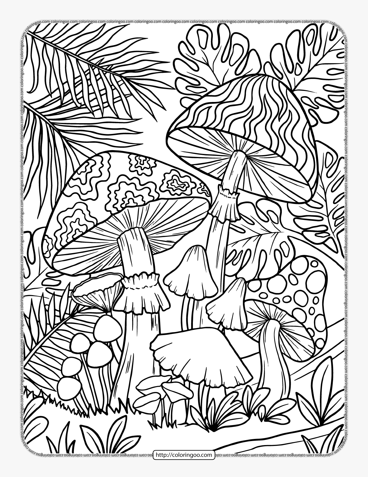 printable mushroom forest coloring page