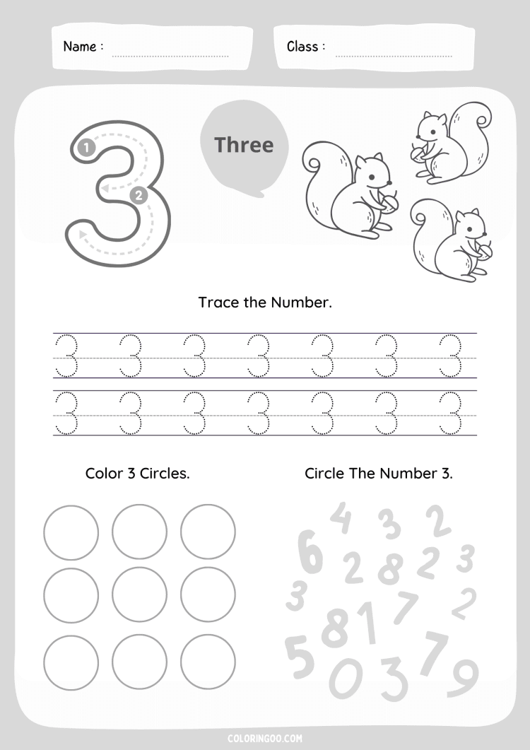 Number 3 Tracing Worksheet